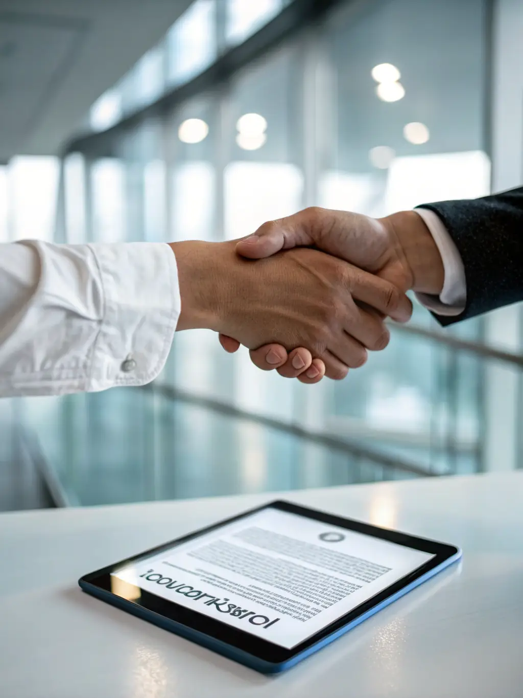 A handshake symbolizing agreement, with a digital document signing interface in the background.