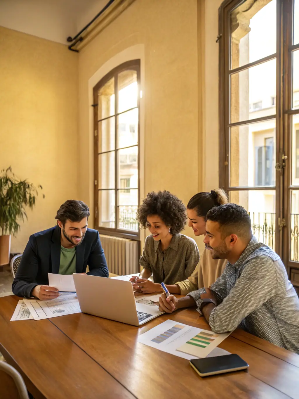 An image of a diverse group of people smiling and confidently using laptops and tablets, representing a trustworthy and reliable service.