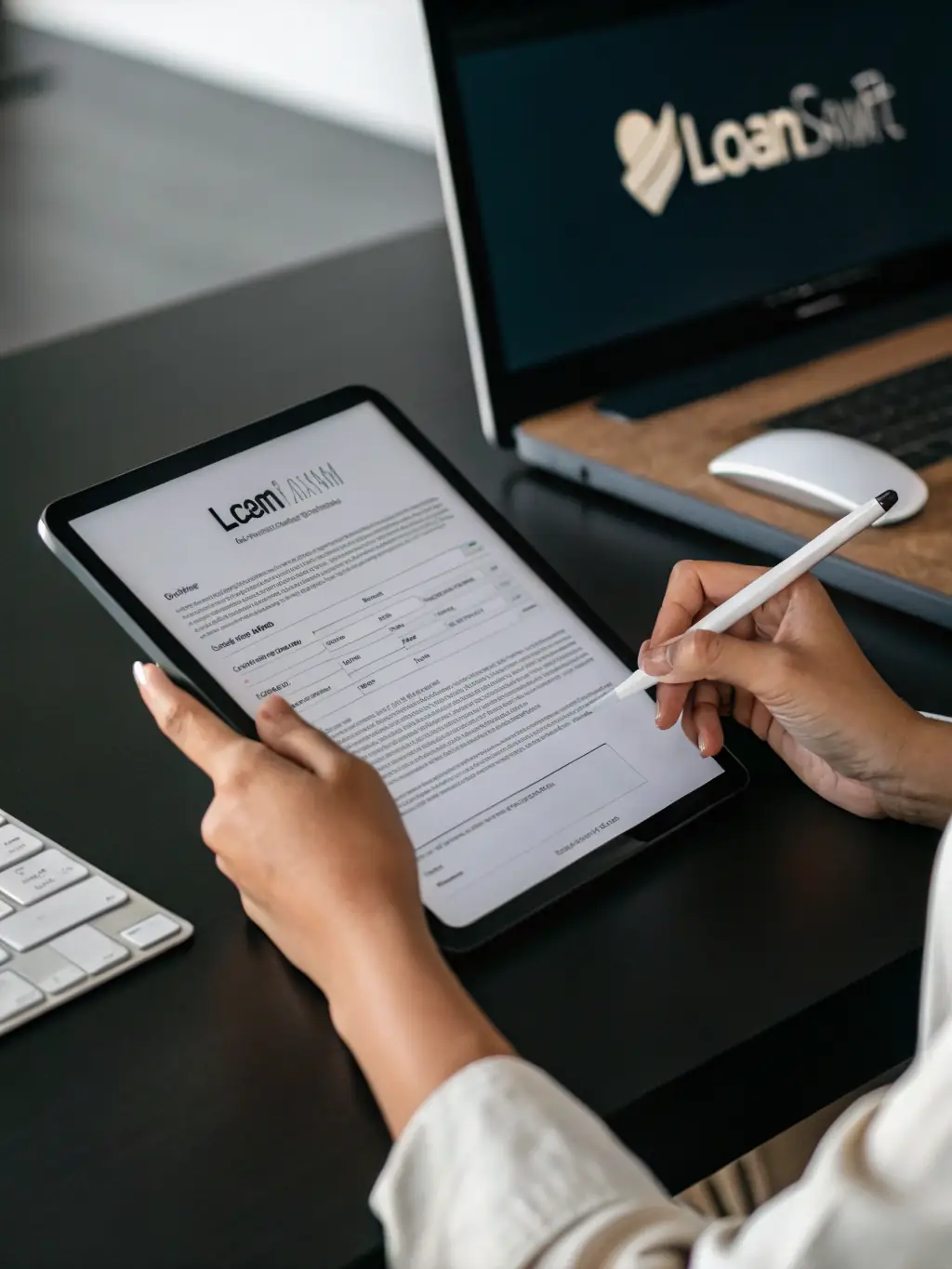 A magnifying glass inspecting various loan offers displayed on a tablet screen.
