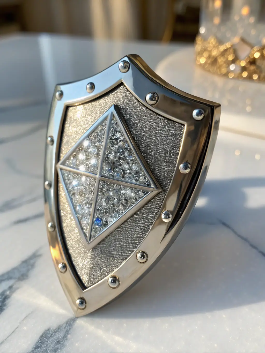 A professional-looking shield icon on a navy blue background, symbolizing security and data protection.